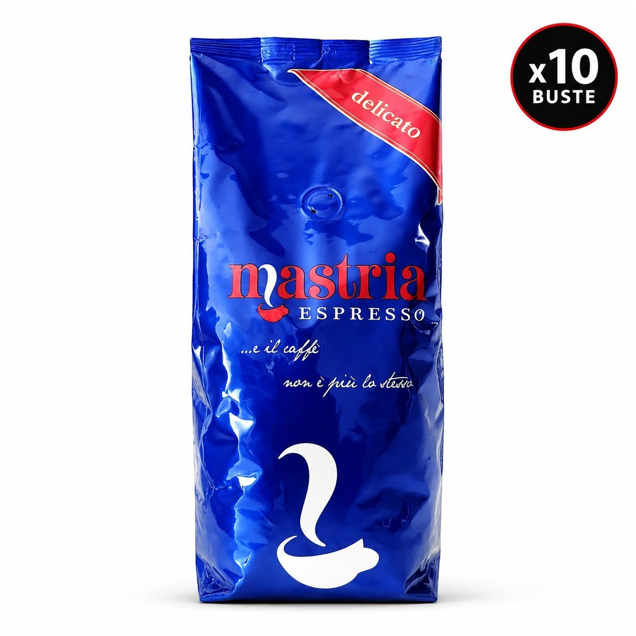 Mastria Espresso 10kg multipack of delicate flavour coffee beans in a blue bag with red detailing.