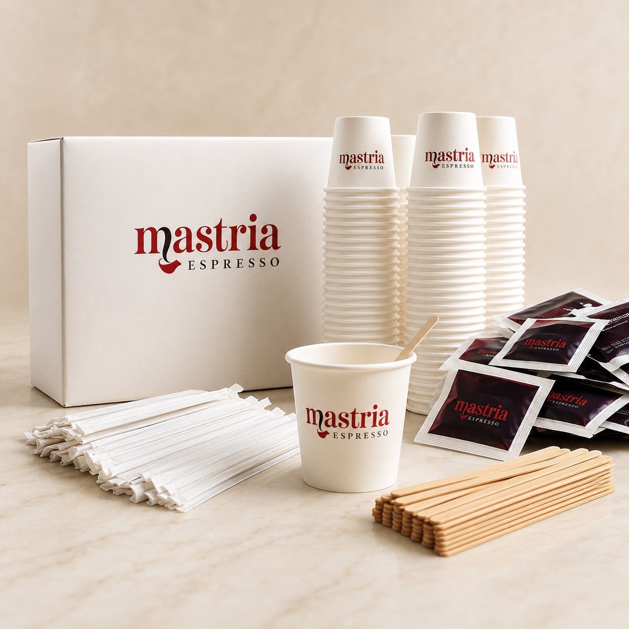 Mastria Espresso kit with 100 paper cups, 100 wooden stirrers, and 100 sugar packets.
