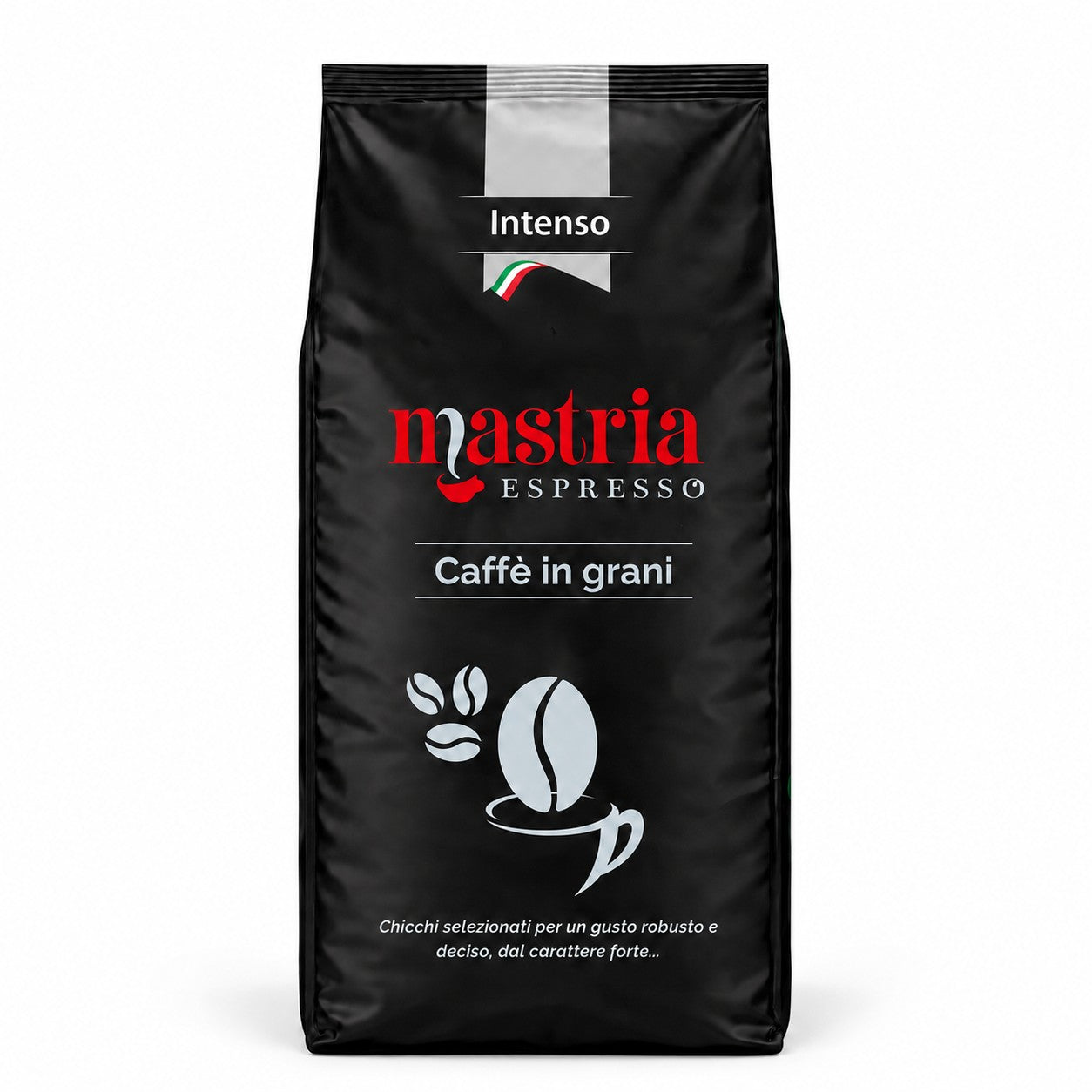 Mastria Espresso Intenso whole coffee beans in a 1kg black bag, for a strong and full-bodied espresso.